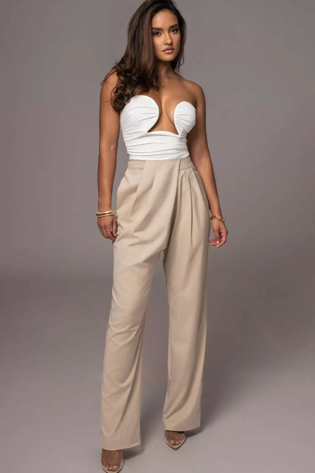 Pants*JLUXLABEL Beige Asymmetrical Draped Trousers