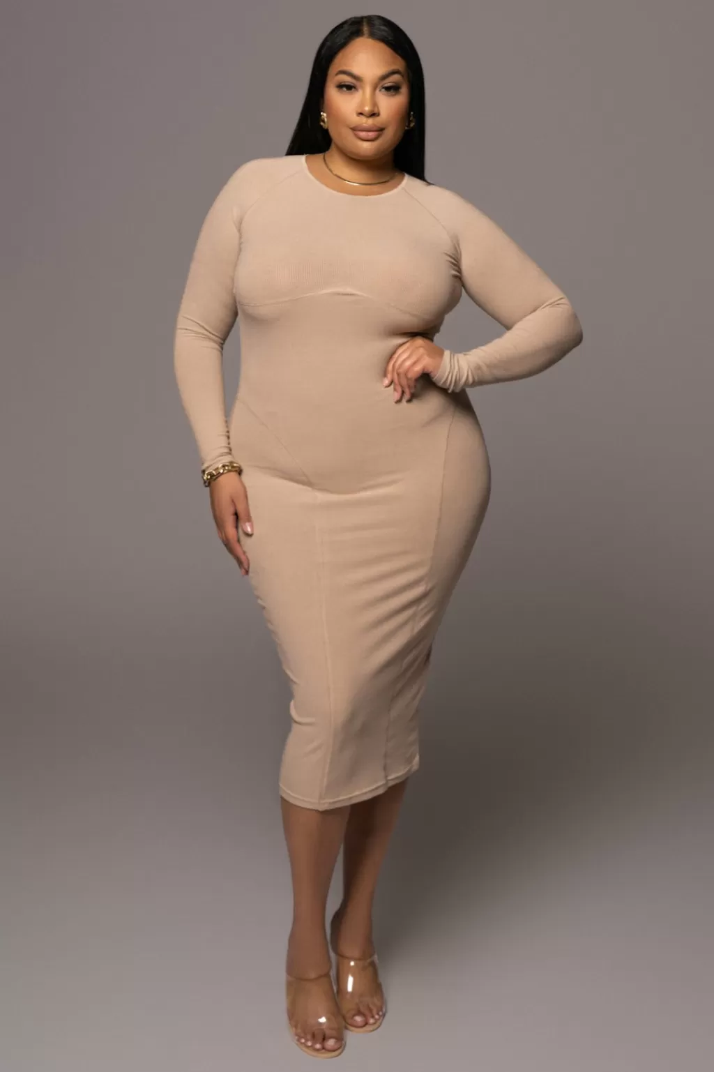 Curve Dresses*JLUXLABEL Beige High Expectations Midi Dress