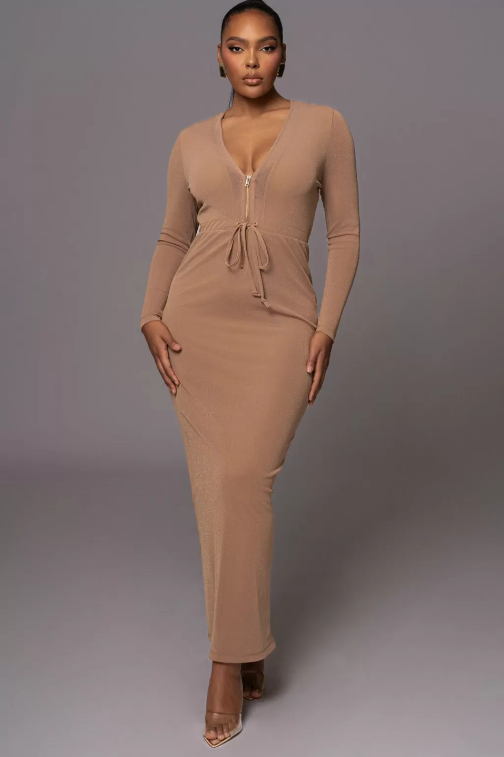 Dresses*JLUXLABEL Beige Kimberley Zip Front Maxi Dress