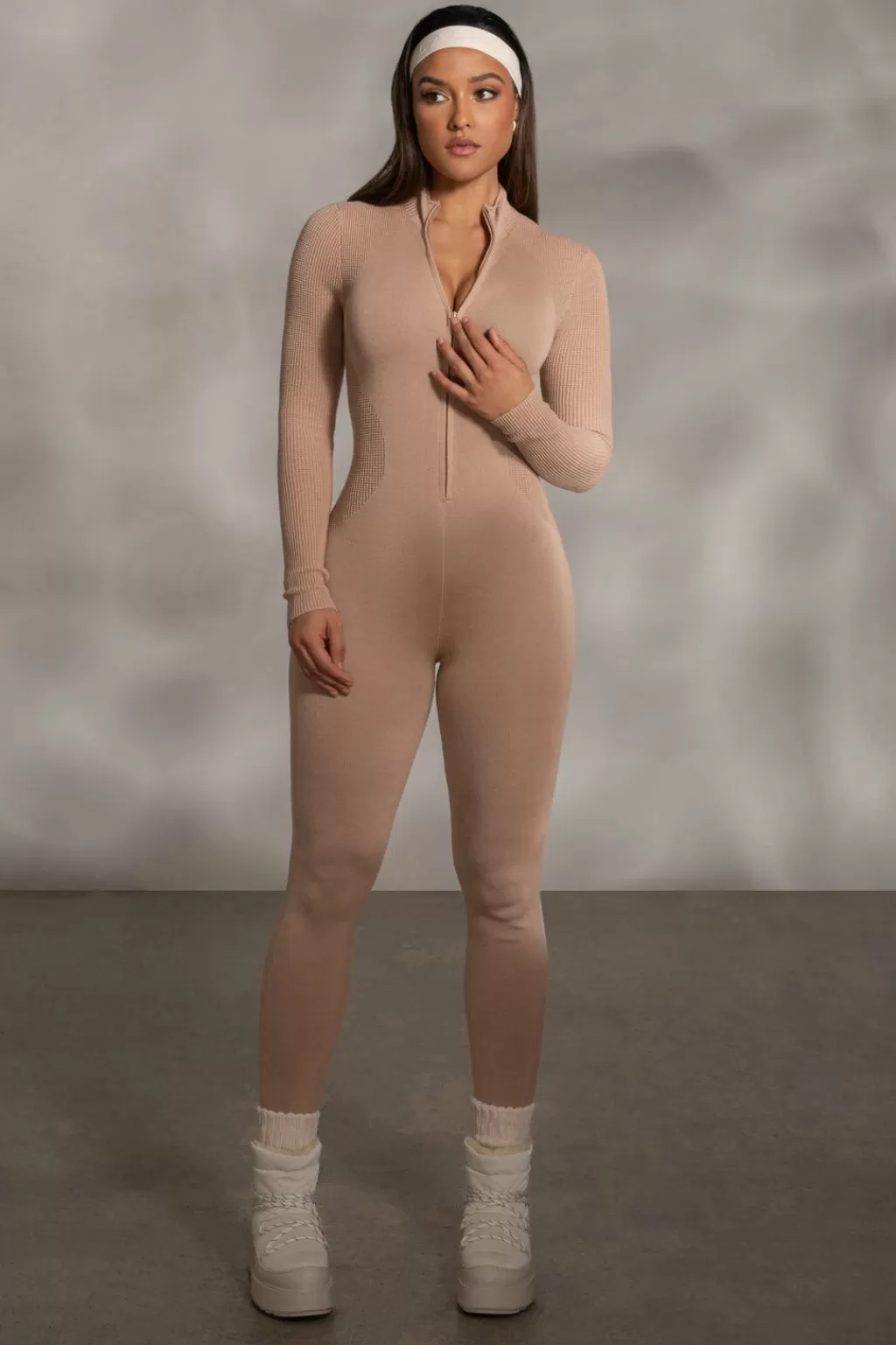 Curve Jumpsuits*JLUXLABEL Beige Kris Front Zipper Jumpsuit