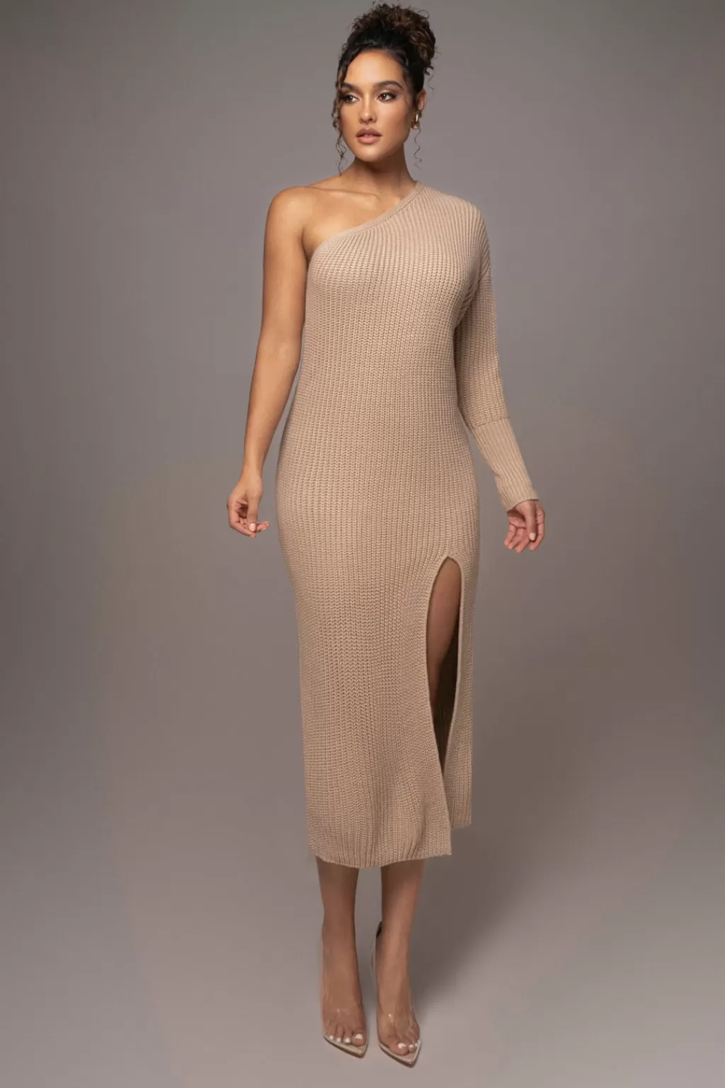 Curve Dresses*JLUXLABEL Beige Long Knit Sweater Dress