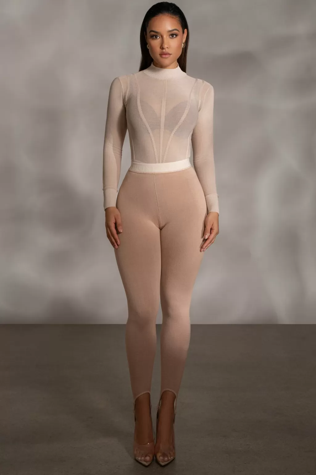 Long Sleeves*JLUXLABEL Beige Lori Sheer Knit Bodysuit