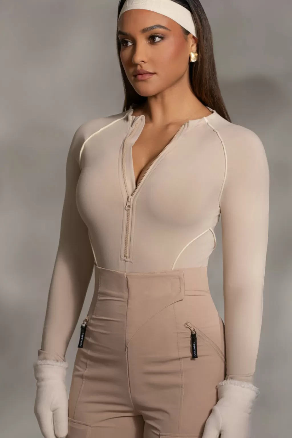 Bodysuits*JLUXLABEL Beige Rise Up Zip Front Bodysuit