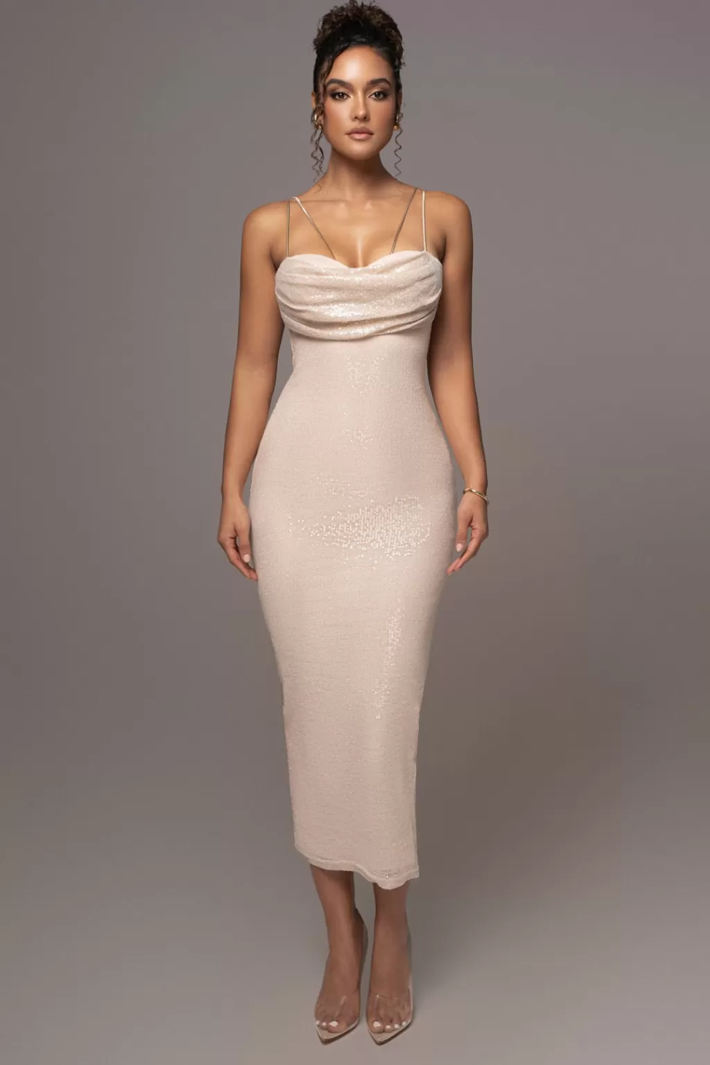 Curve Dresses*JLUXLABEL Beige Sequin Visions Of You Midi Dress