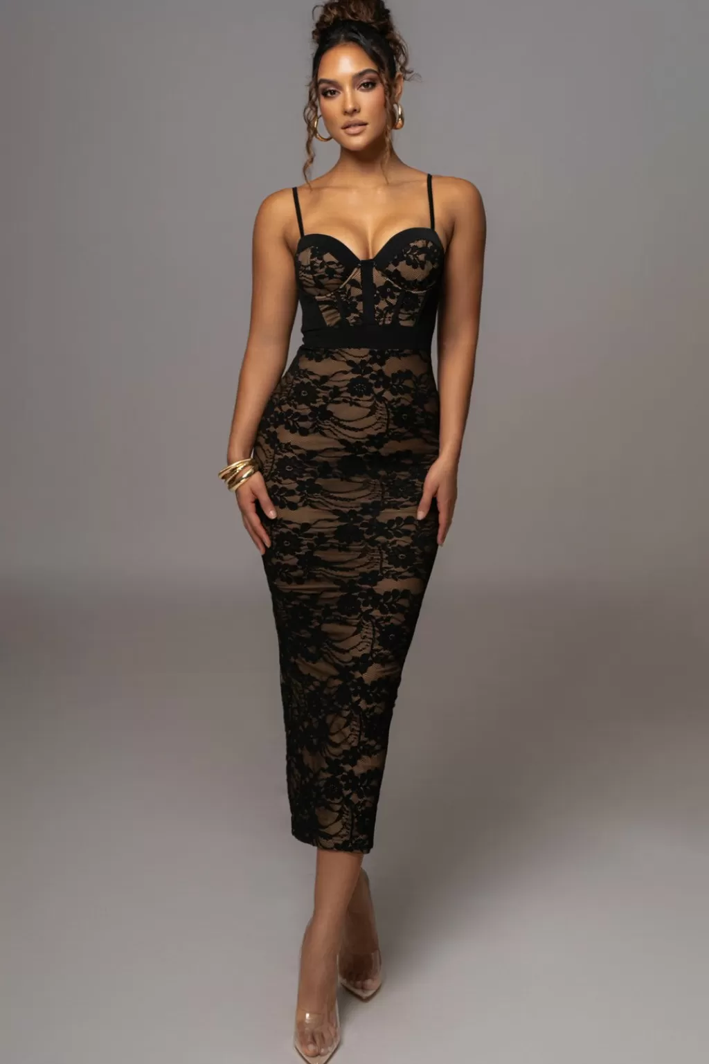 Curve Dresses*JLUXLABEL Black Mesh And Lace Bustier Midi Dress