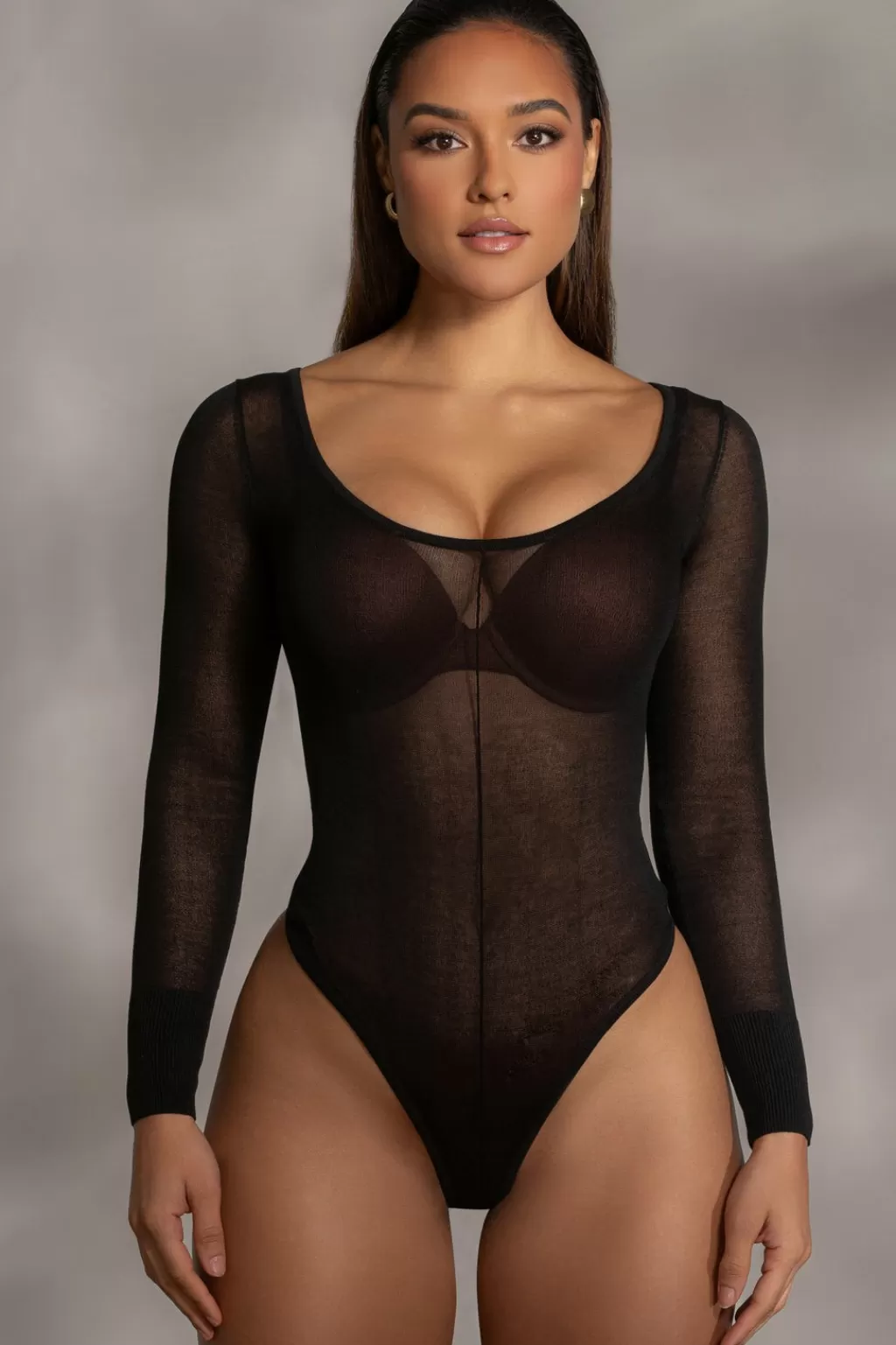 Long Sleeves*JLUXLABEL Black Nerida Sheer Knit Bodysuit