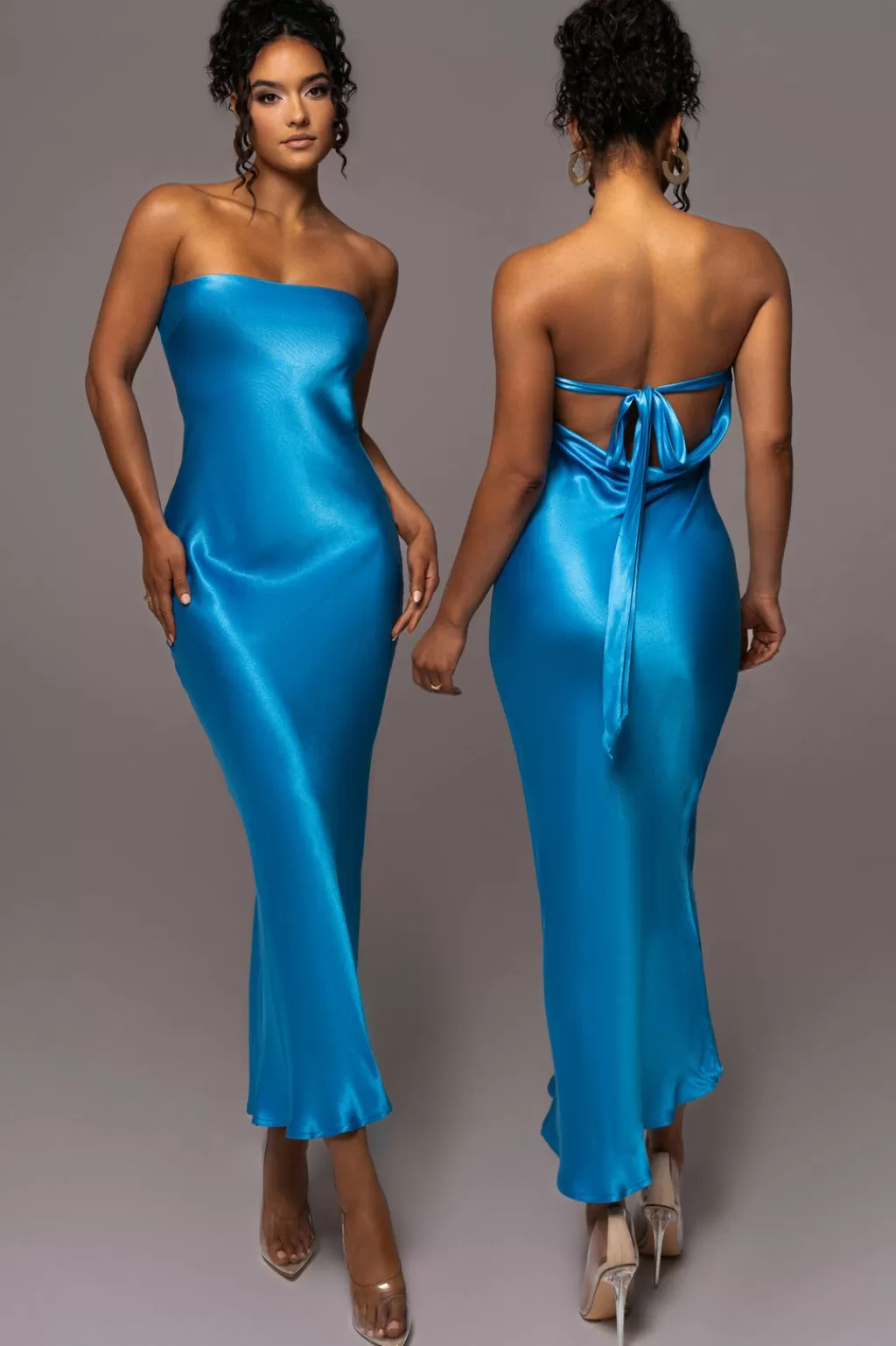 Curve Dresses*JLUXLABEL Blue Irina Satin Strapless Maxi Dress