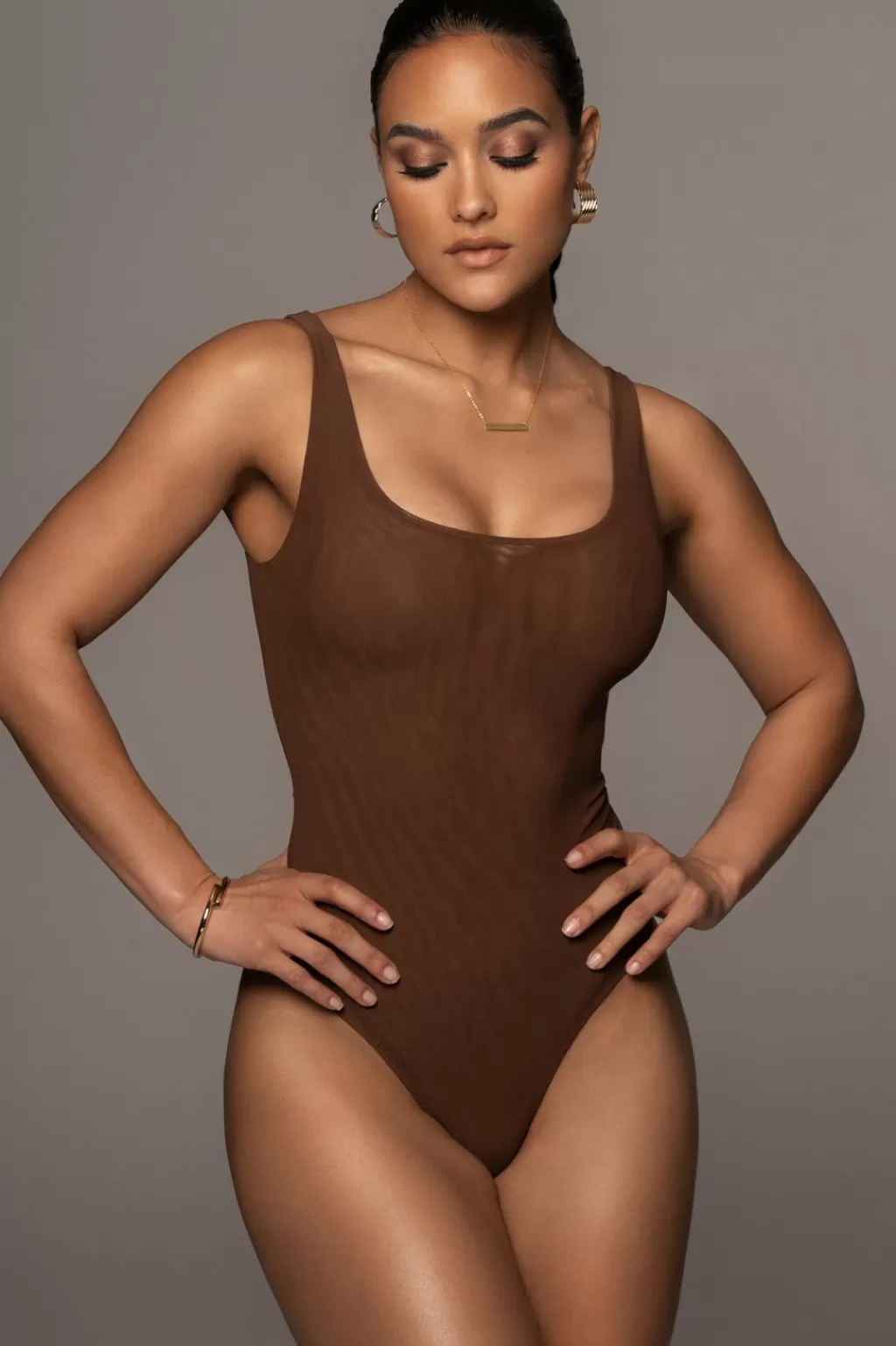 Bodysuits*JLUXLABEL Chocolate Mesh Essential Tank Bodysuit Undergarment