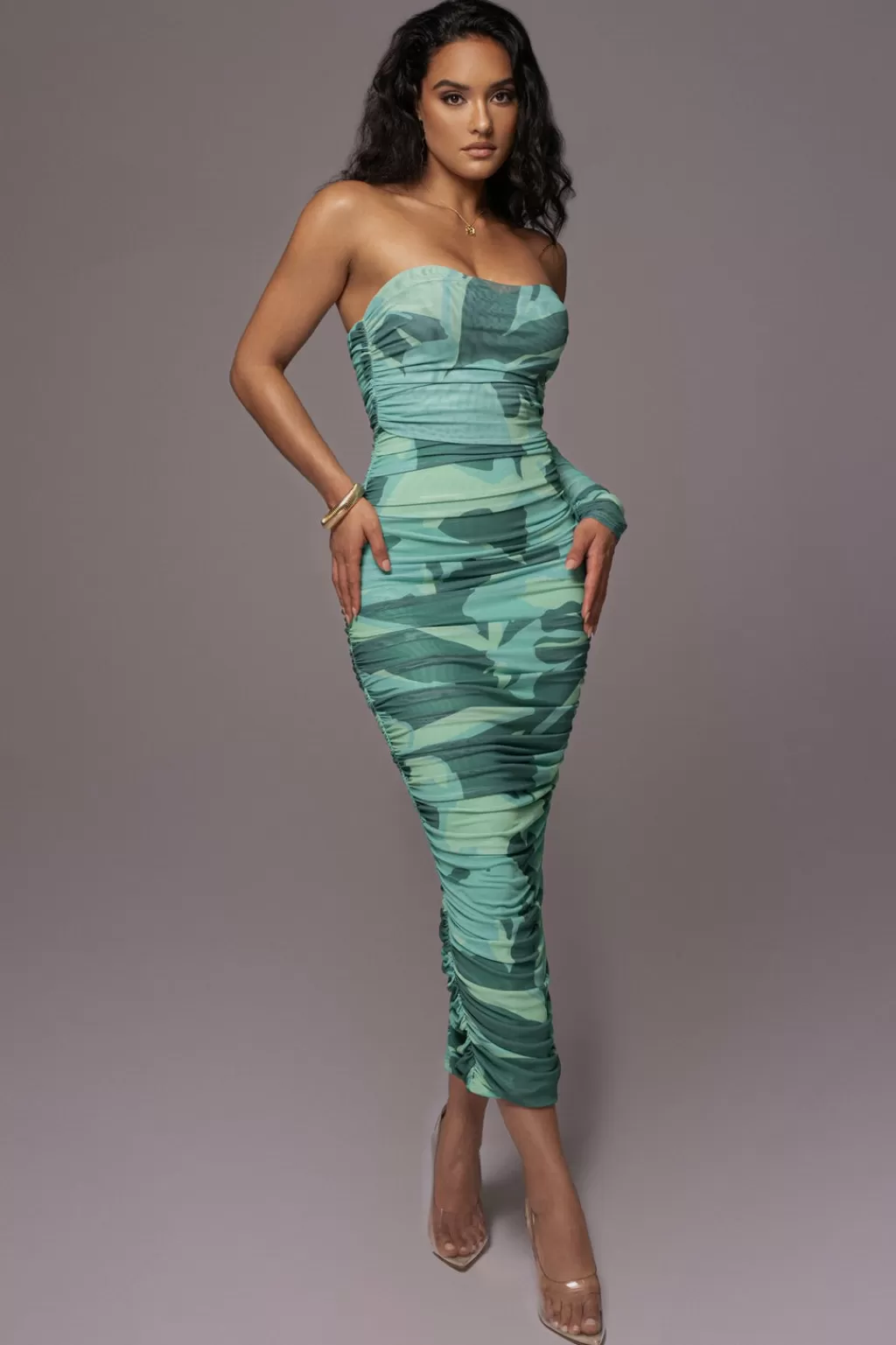 Curve Dresses*JLUXLABEL Green Capri Ruched Dress