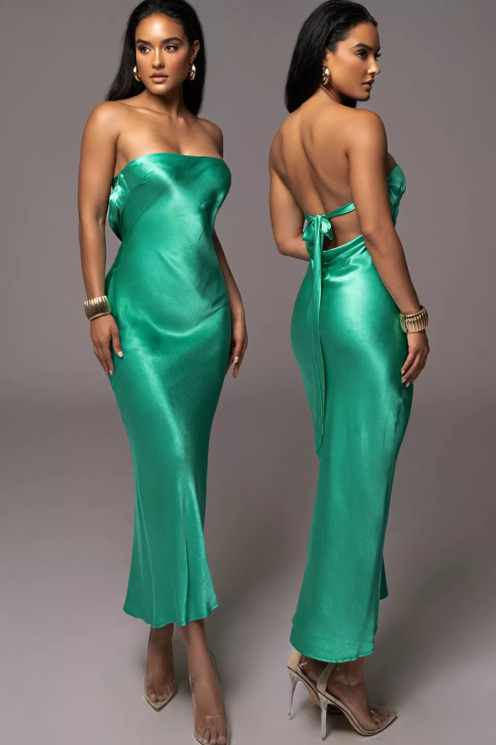 Curve Dresses*JLUXLABEL Green Irina Satin Strapless Maxi Dress