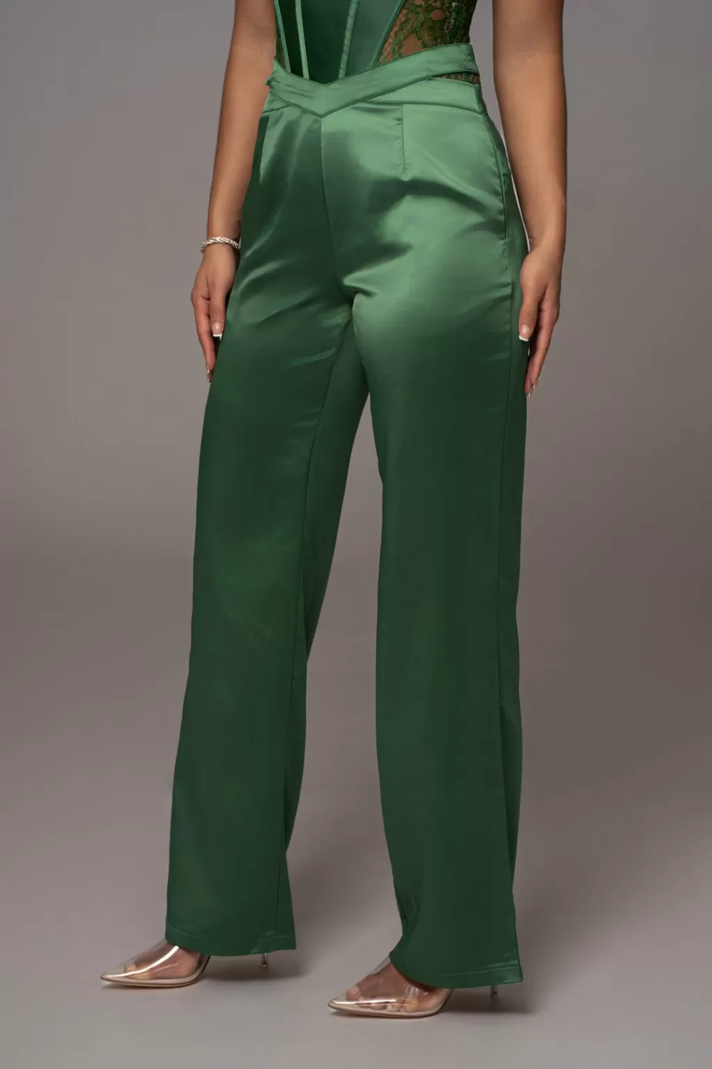 Pants*JLUXLABEL Green Joana Cutout Satin Trousers