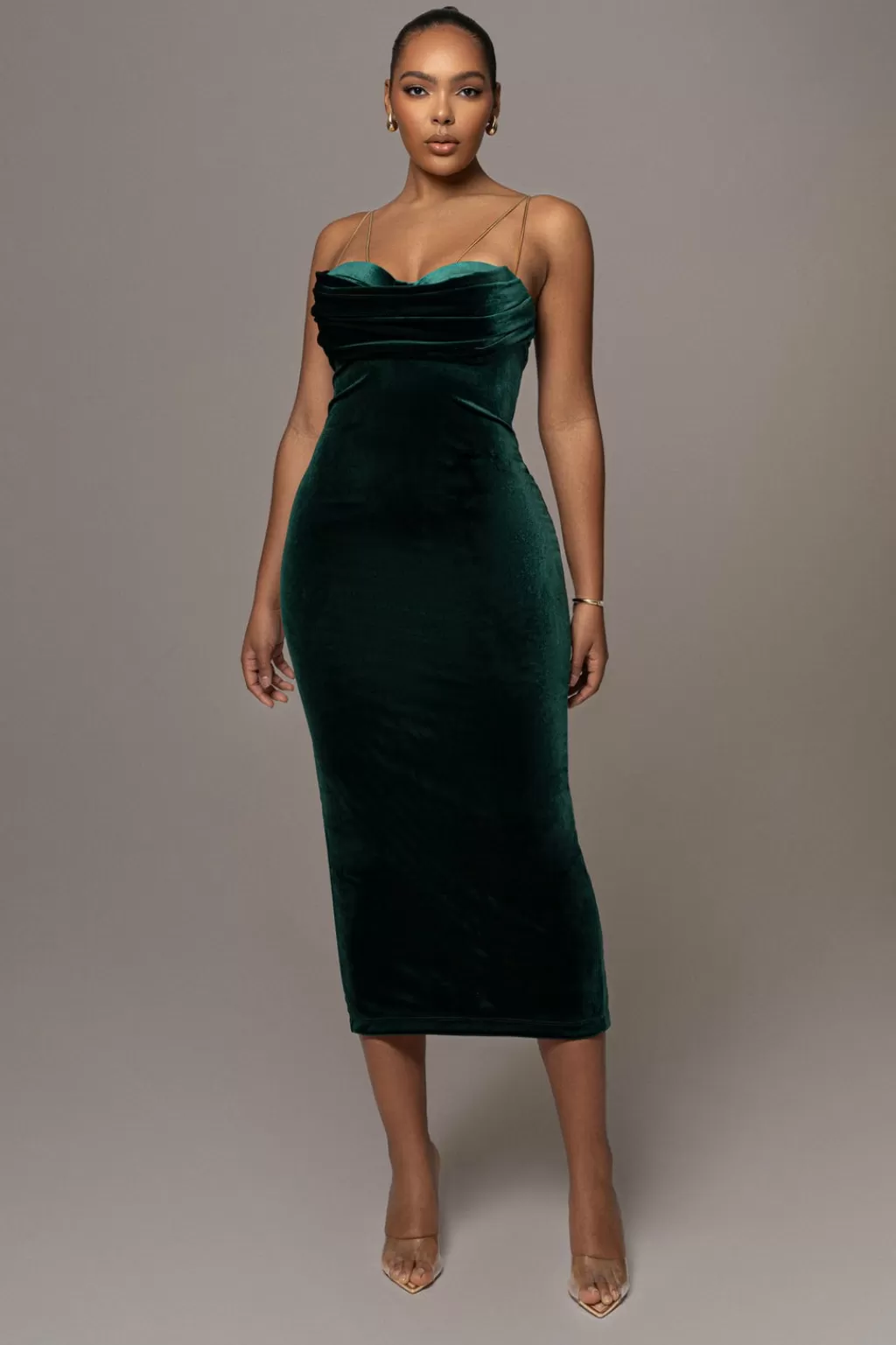 One Shoulder Dresses*JLUXLABEL Green Josanna Velvet Midi Dress