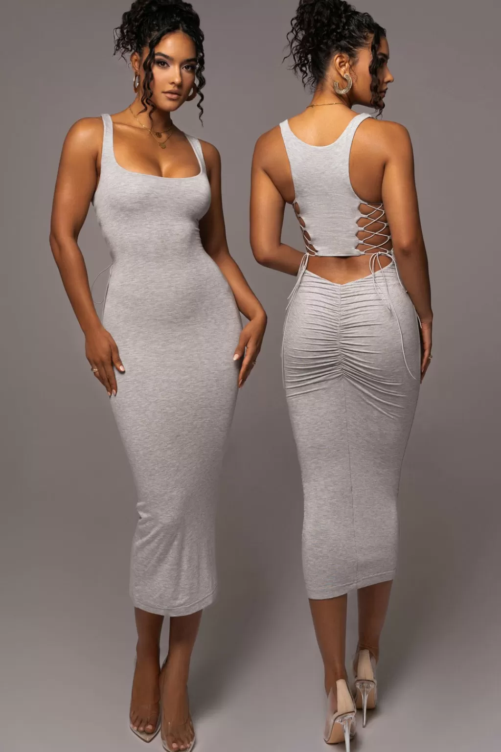 Curve Dresses*JLUXLABEL Grey Late Nights Midi Dress