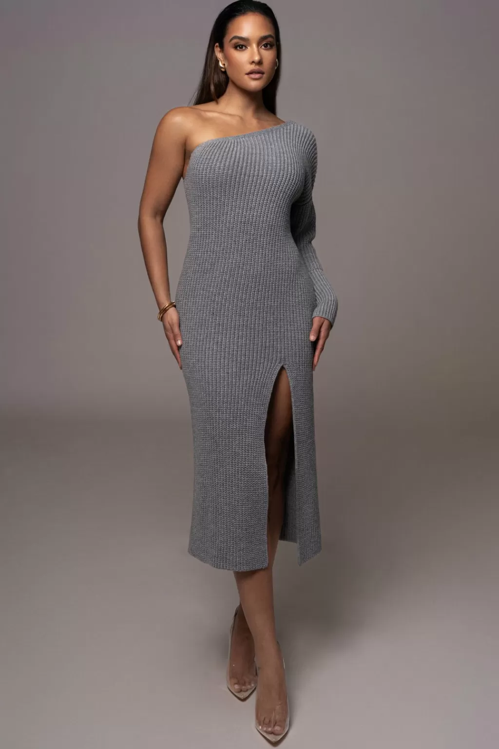 Curve Dresses*JLUXLABEL Grey Long Knit Sweater Dress