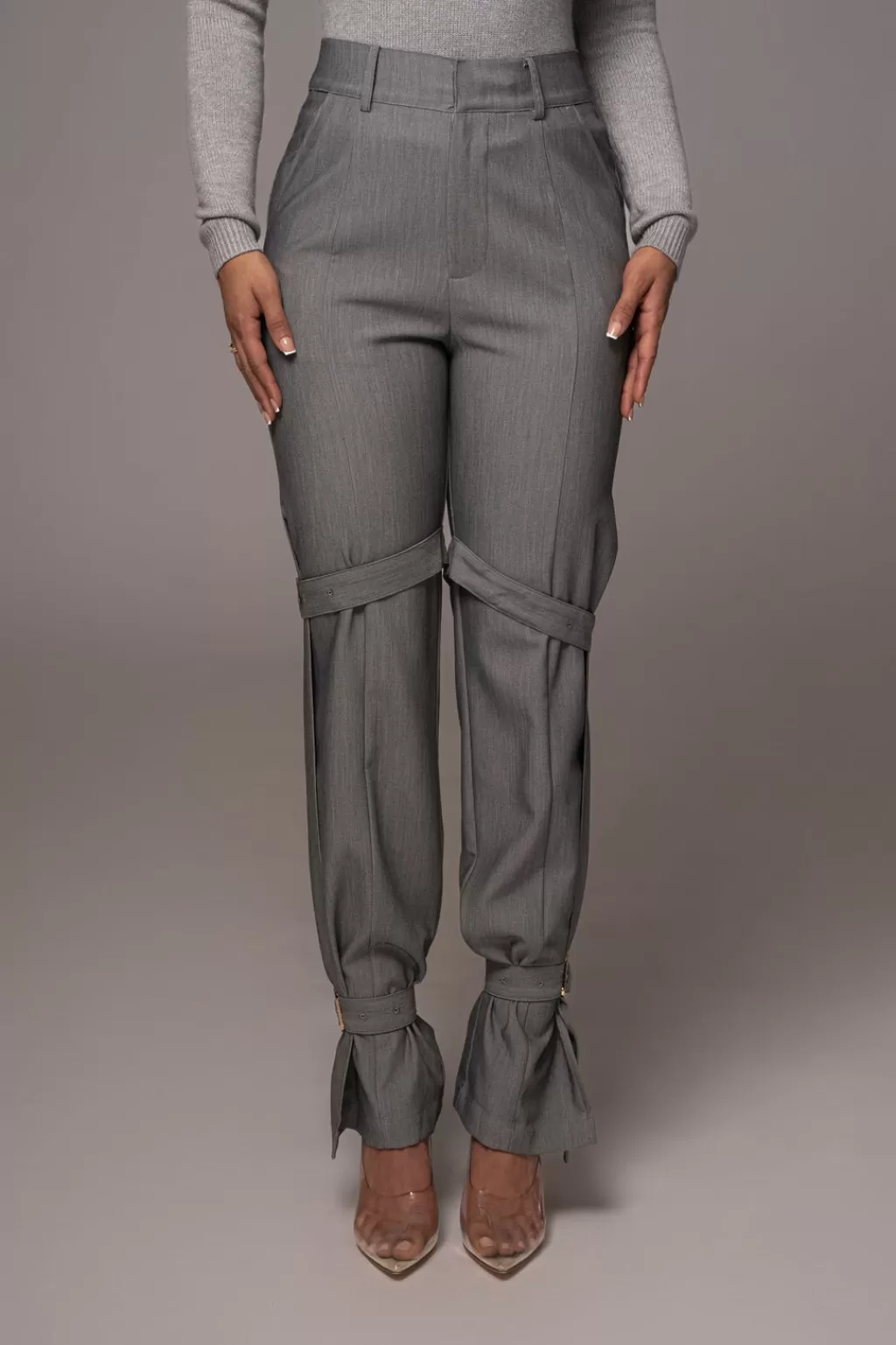 Pants*JLUXLABEL Grey Refined Belted Leg Pants