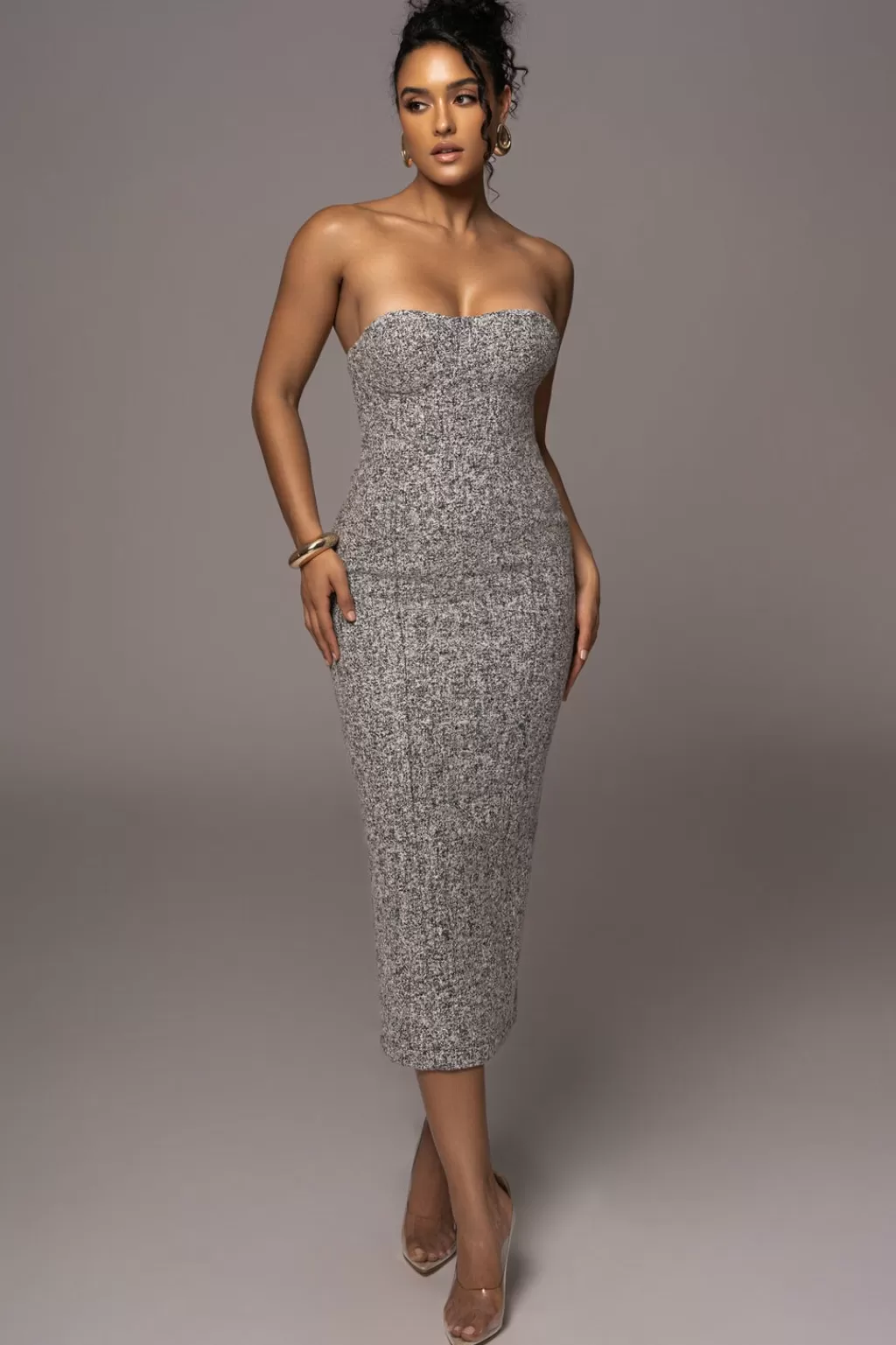 Curve Dresses*JLUXLABEL Lt. Grey Royal Tweed Midi Dress