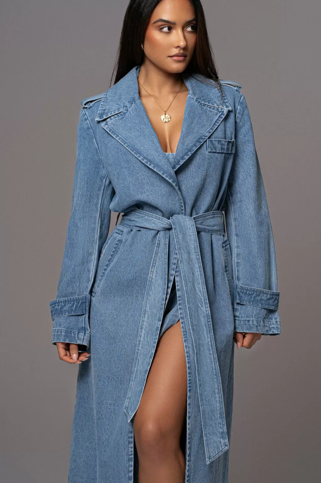 Coats*JLUXLABEL Medium Wash Savannah Belted Denim Coat