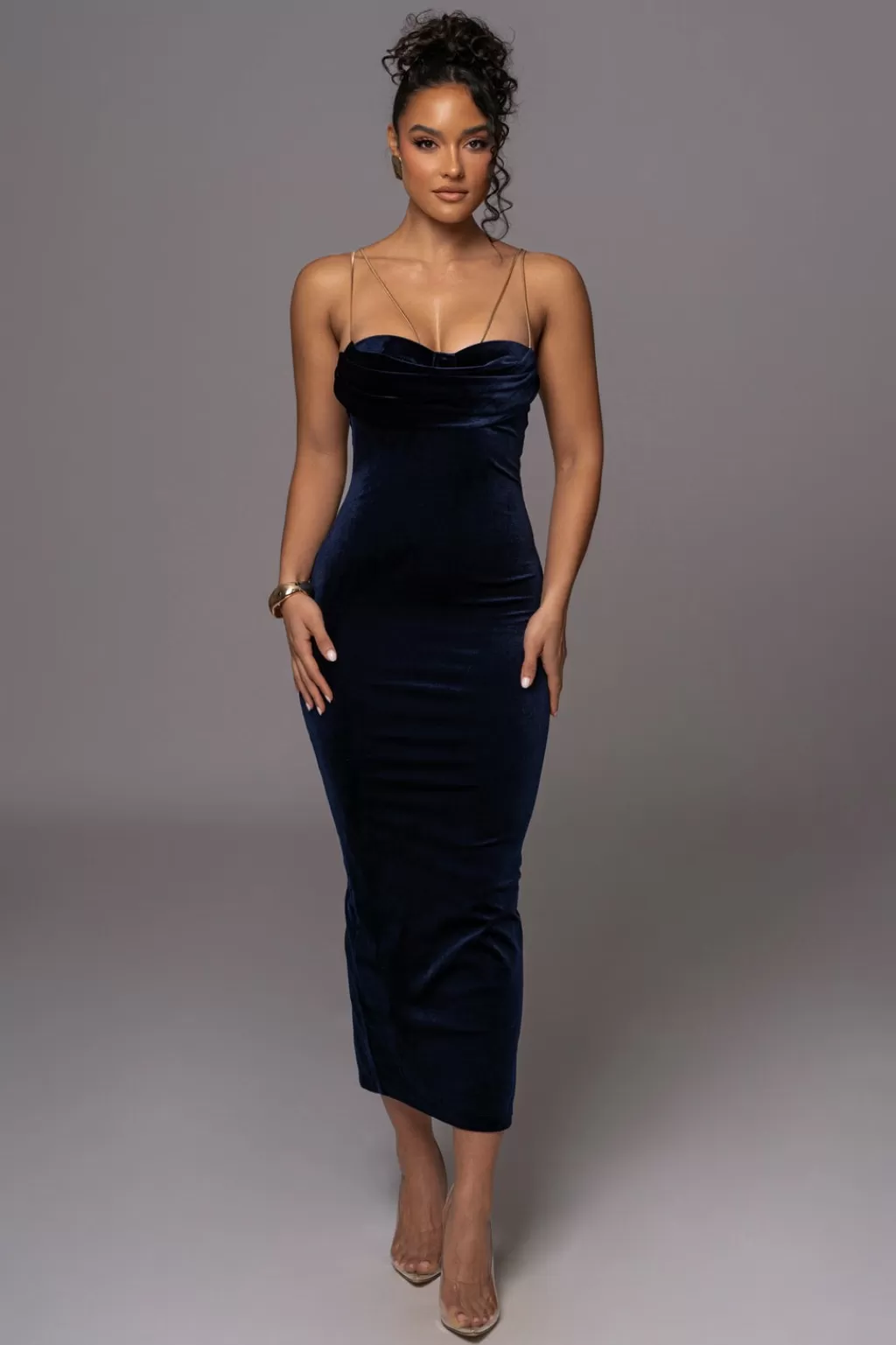 One Shoulder Dresses*JLUXLABEL Navy Josanna Velvet Midi Dress