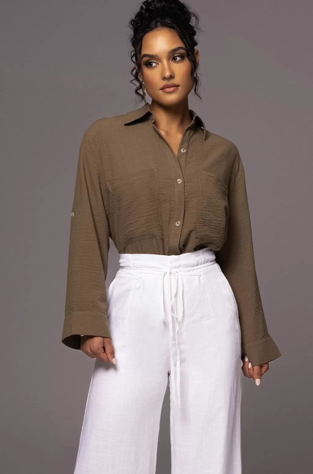 Long Sleeves*JLUXLABEL Olive By The Coast Crinkled Button Up