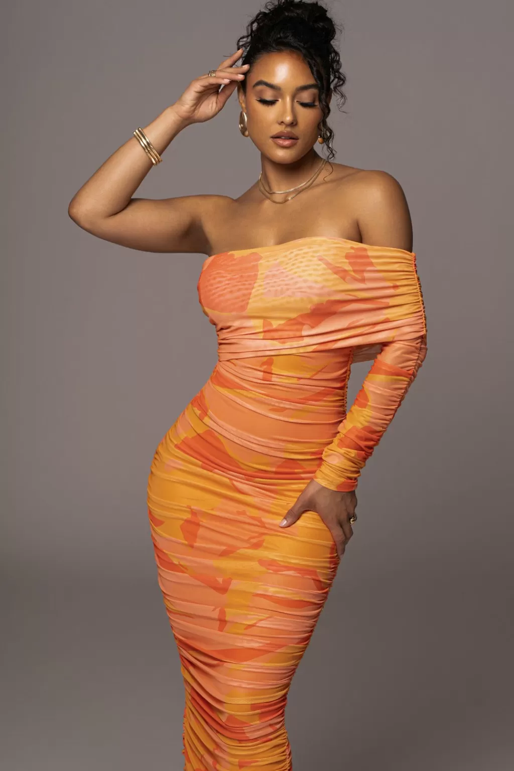 Curve Dresses*JLUXLABEL Orange Capri Ruched Dress