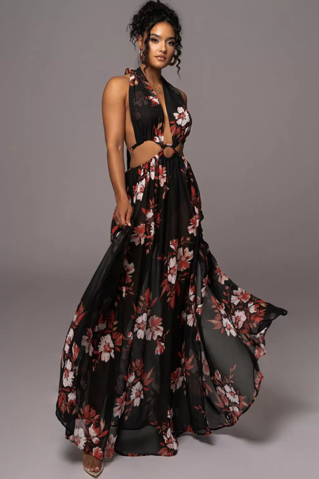 Curve Dresses*JLUXLABEL Red Floral Nicoletta Chiffon Maxi Dress