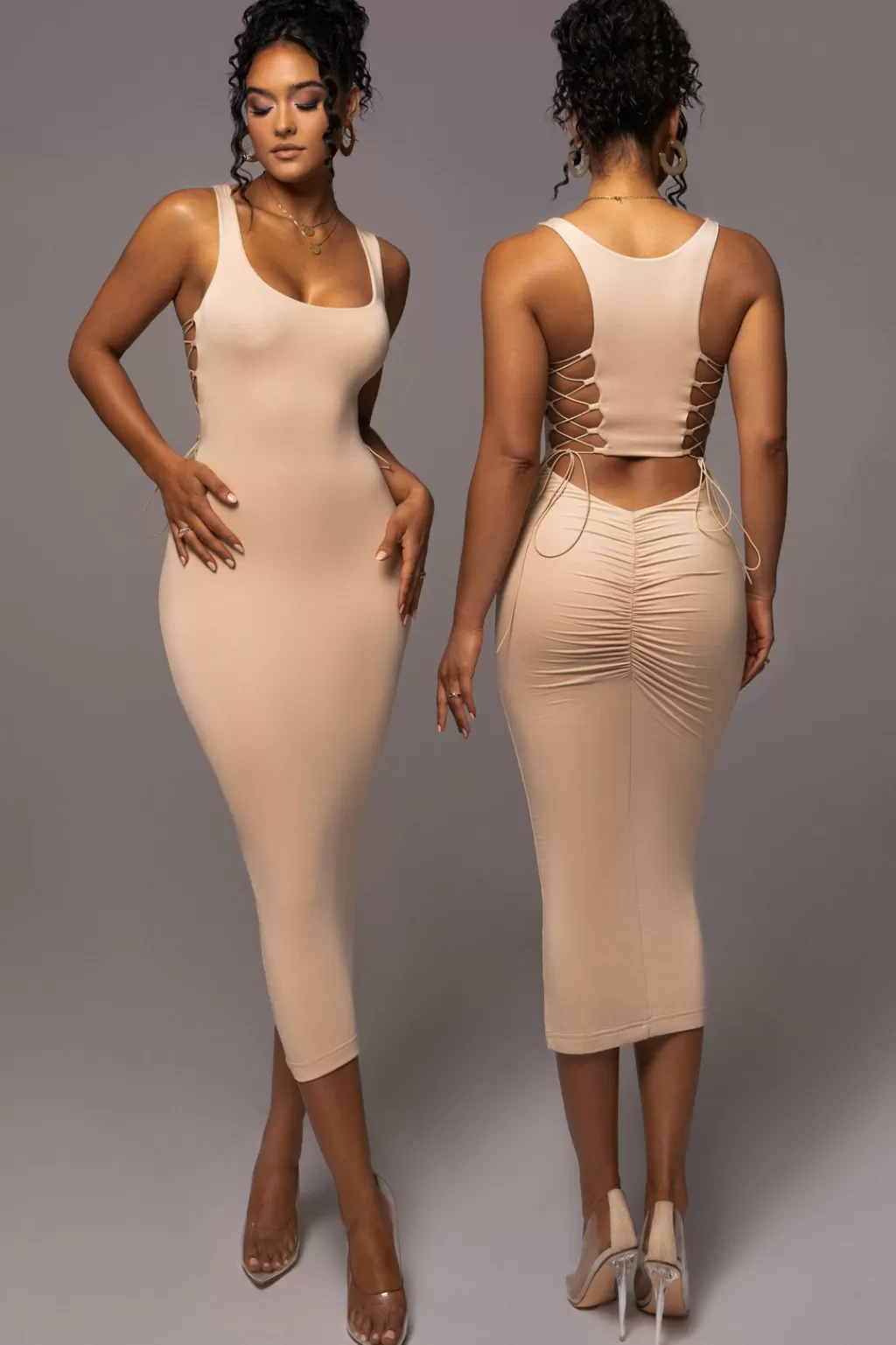 Curve Dresses*JLUXLABEL Tan Late Nights Midi Dress