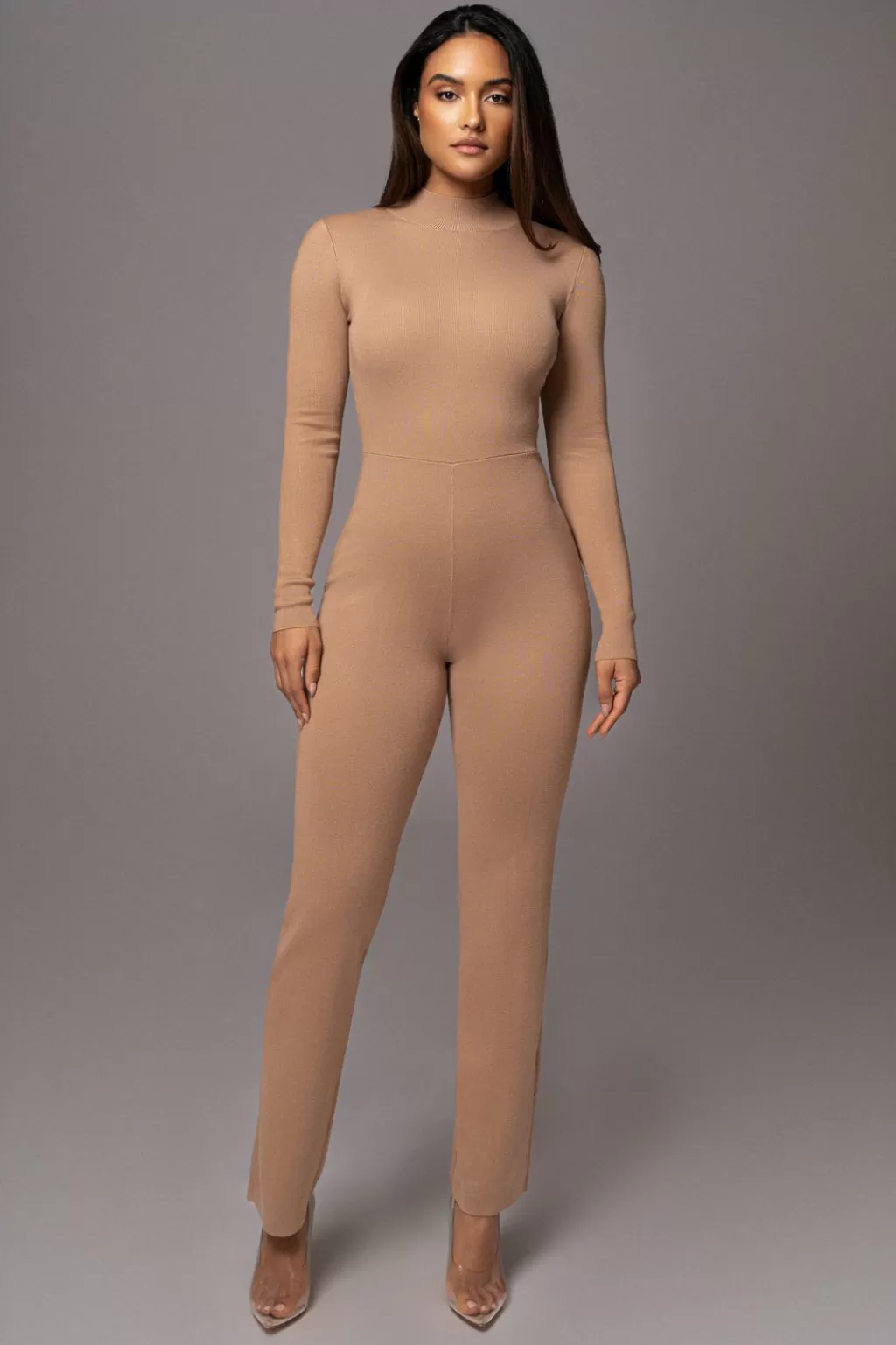 Curve Jumpsuits*JLUXLABEL Tan Noel Sweater Knit Jumpsuit