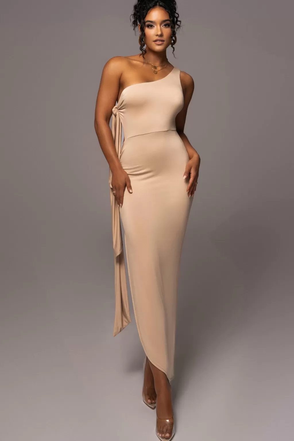 Curve Dresses*JLUXLABEL Tan Out Of Mind One Shoulder Dress