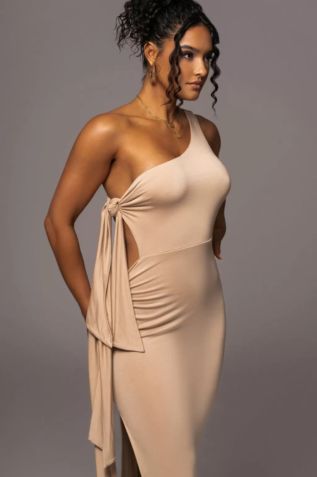 Curve Dresses*JLUXLABEL Tan Out Of Mind One Shoulder Dress