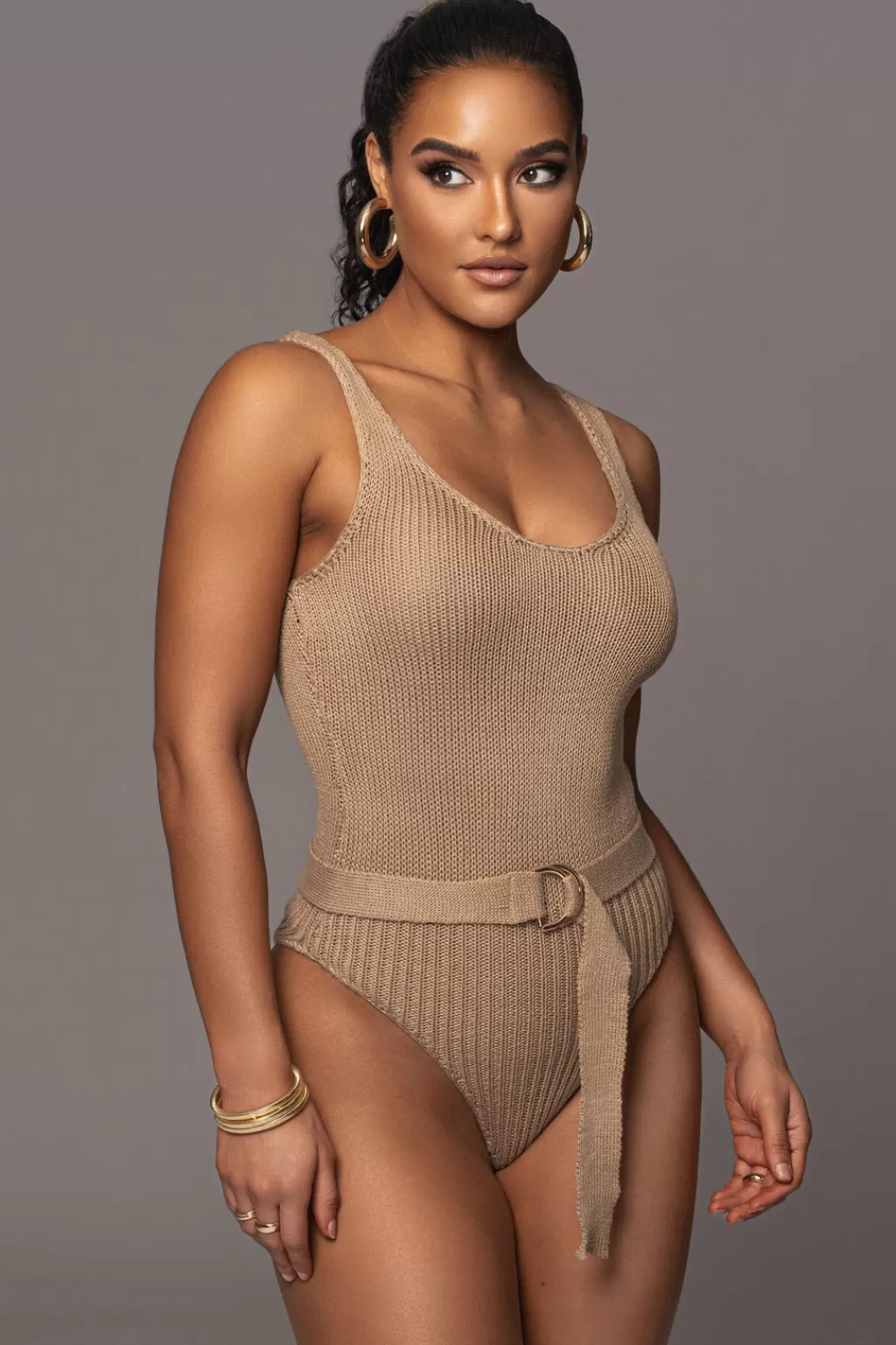 Bodysuits*JLUXLABEL Taupe Juliette Knit Belted One Piece