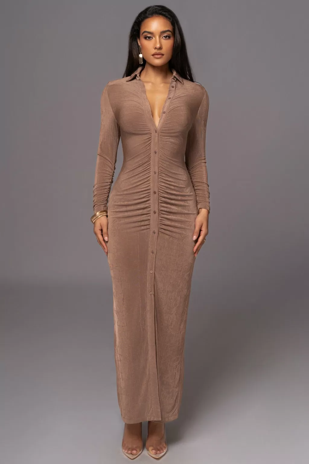 Nature'S Runway*JLUXLABEL Taupe Zahra Button Front Maxi Dress