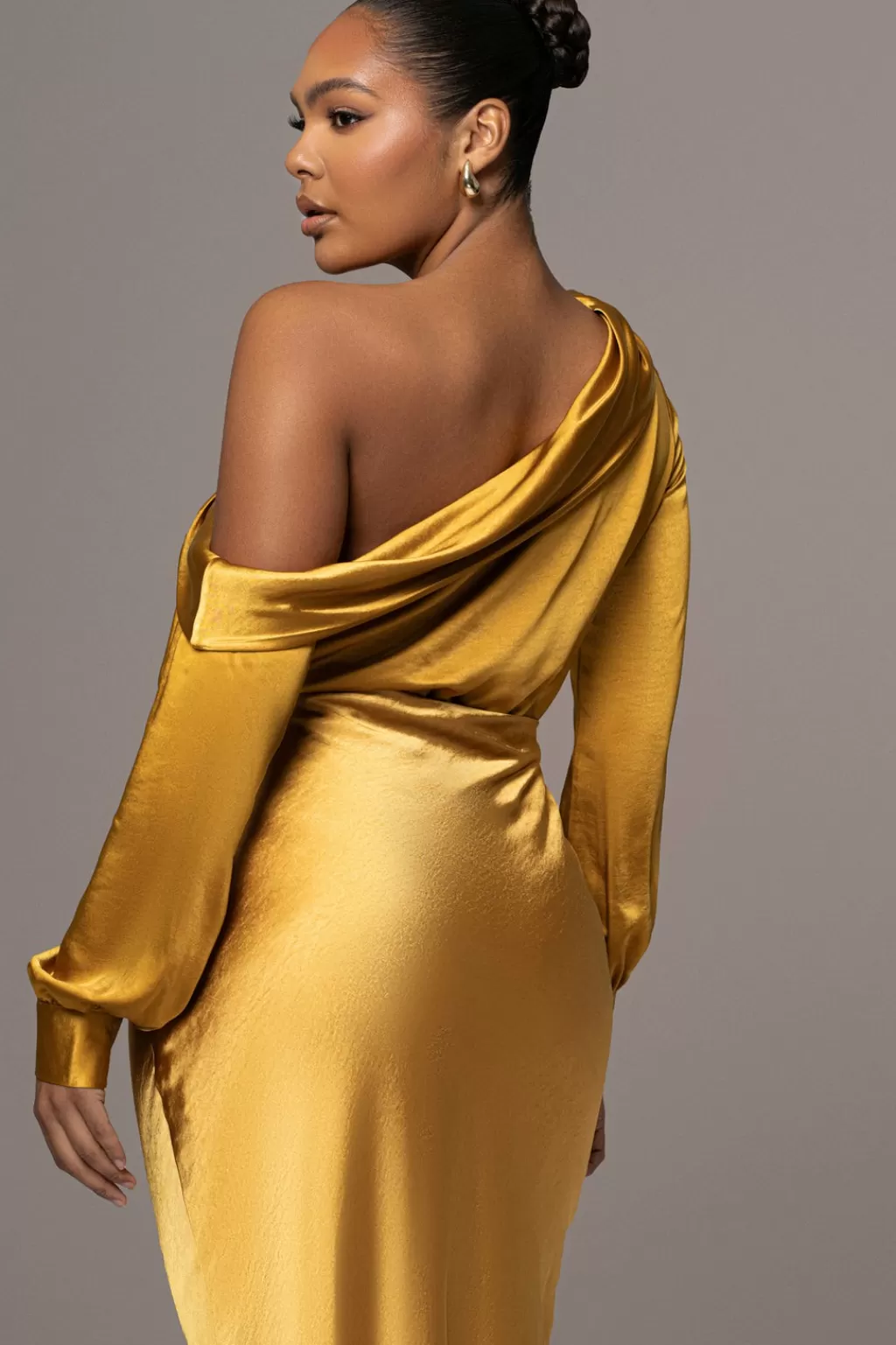 Bodysuits*JLUXLABEL Yellow Satin Rima Asymmetrical Bodysuit